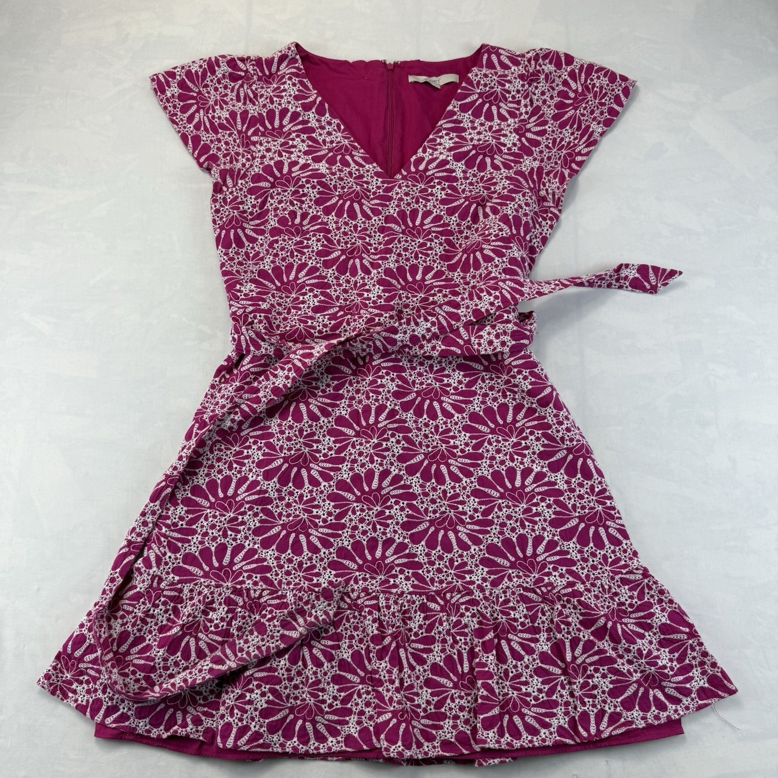 Loft Floral Eyelet Wrap Dress Women's Us 8 Pink White Ruffle Hem Cotton
